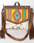 American Darling Messenger Bag for Women, Hand Tooled Floral Leather, Hair-On Cowhide, Saddle Blanket, Genuine Western Leather
