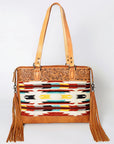 American Darling Tote Bag for Women, Hand Tooled Floral Leather, Hand Woven Saddle Blanket, Fringed Western Purse