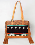 American Darling Tote Bag for Women, Hand Tooled Floral Leather, Hand Woven Saddle Blanket, Fringed Western Purse