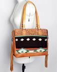 American Darling Tote Bag for Women, Hand Tooled Floral Leather, Hand Woven Saddle Blanket, Fringed Western Purse