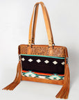 American Darling Tote Bag for Women, Hand Tooled Floral Leather, Hand Woven Saddle Blanket, Fringed Western Purse