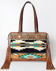 American Darling Tote Bag for Women, Hand Tooled Floral Leather, Hand Woven Saddle Blanket, Fringed Western Purse