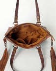 American Darling Tote Bag for Women, Hand Tooled Floral Leather, Hand Woven Saddle Blanket, Fringed Western Purse