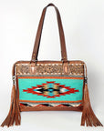 American Darling Tote Bag for Women, Hand Tooled Floral Leather, Hand Woven Saddle Blanket, Fringed Western Purse