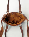 American Darling Tote Bag for Women, Hand Tooled Floral Leather, Hand Woven Saddle Blanket, Fringed Western Purse