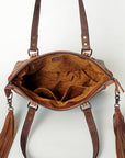 American Darling Tote Bag for Women, Hand Tooled Floral Leather, Hand Woven Saddle Blanket, Fringed Western Purse