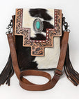 American Darling Messenger Bag for Women, Hand Tooled Floral Leather, Hair-On Cowhide, Woven Saddle Blanket, Genuine Leather
