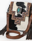 American Darling Messenger Bag for Women, Hand Tooled Floral Leather, Hair-On Cowhide, Woven Saddle Blanket, Genuine Leather