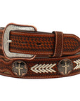 M&F Western 1.5 in. Mens Tooled Tabs Calf Hair Copper Cross Concho Belt Tan