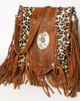 American Darling Messenger Bag Western Hair-On Cowhide Genuine Leather Handcrafted Purse with Fringes and Turquoise Stone