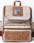 American Darling Backpack for Women, Hand Tooled Floral Leather, Hair-On Cowhide, Turquoise Concho, Genuine Western Leather