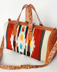 American Darling Duffel Bag for Travel, Hand Tooled Floral Leather & Woven Saddle Blanket, Genuine Western Leather Weekender