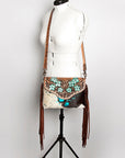 American Darling Cross body Bag Western Leather Hair-On Cowhide Braided Detail with Fringes 8in x 11in