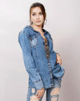 American Darling Leather Hand Tooled Carved Women Denim Shirt Jacket