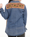 American Darling Leather Hand Tooled Carved Women Denim Shirt Jacket