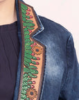ADBZ017 Genuine leather Hand tooled hand carved Women 100% cotton Denim Blazer dress jacket ladies Girl