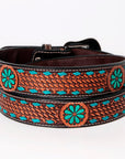 BAR H EQUINE Turquoise Buckstitch Flower Basket Hand Tooled Western Leather Belt Brown