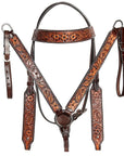 HILASON Western American Leather Horse Headstall & Breast Collar Floral Carved Tack Set Dark Brown