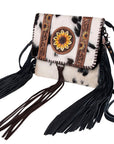 Western Hair-On Hide Sunflower Mini Crossbody Bag With Rustic Fringe Detailing Accents