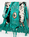 American Darling Messenger Bag Western Hair-On Cowhide Genuine Leather Handcrafted Purse with Fringes and Turquoise Stone