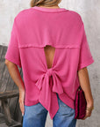 Corded Knit Cutout Bow Tie Back T-Shirt