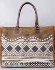 OHLAY Weekender Upcycled Wool Canvas Embossed Genuine Leather Women Bag Western Handbag Purse Womens Handbags Belt for Summer