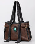 American Darling Tote Bag Western Genuine Leather Handcrafted Purse with Fringes and Turquoise Stone and Braided Handles