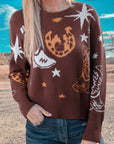 Brown Cowgirl Fashion Print Casual Sweater