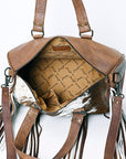 American Darling Hair-On Cowhide Western Leather Duffel Bag with Fringe, Genuine Leather Travel Bag, Weekend Carry Duffel