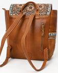 American Darling Hand-Tooled Leather Backpack, Genuine Leather Floral Carved Western Bag with Front Pocket, Everyday Travel Backpack