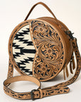 American Darling Hand-Tooled Leather Canteen Bag, Genuine Leather Round Crossbody with Woven Saddle Blanket and Floral Carving