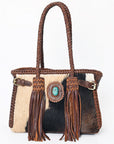 American Darling Tote Bag Western Genuine Leather Handcrafted Purse with Fringes and Turquoise Stone and Braided Handles