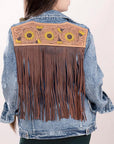 ADJKT002 Genuine leather Hand tooled hand carved Women 100% cotton Denim jacket dress ladies girl