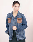 ADJKT004 Genuine leather Hand tooled hand carved Women 100% cotton Denim jacket dress ladies girl