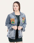 ADJKT007 Genuine leather Hand tooled hand carved Women 100% cotton Denim jacket dress ladies girl