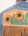 ADJKT007 Genuine leather Hand tooled hand carved Women 100% cotton Denim jacket dress ladies girl
