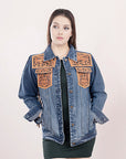 ADJKT008 Genuine leather Hand tooled hand carved Women 100% cotton Denim jacket dress ladies girl