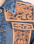 ADJKT008 Genuine leather Hand tooled hand carved Women 100% cotton Denim jacket dress ladies girl
