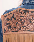 ADJKT008 Genuine leather Hand tooled hand carved Women 100% cotton Denim jacket dress ladies girl