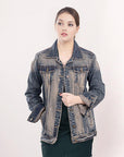 ADJKT011 Genuine leather Hand tooled hand carved Women 100% cotton Denim jacket dress ladies girl