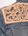 ADJKT011 Genuine leather Hand tooled hand carved Women 100% cotton Denim jacket dress ladies girl