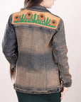 ADJKT012 Genuine leather Hand tooled hand carved Women 100% cotton Denim jacket dress ladies girl