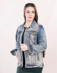 ADJKT014 Genuine leather Hand tooled hand carved Women 100% cotton Denim jacket dress ladies girl