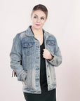 ADJKT015 Genuine leather Hand tooled hand carved Women 100% cotton Denim jacket dress ladies girl