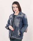 ADJKT016 Genuine leather Hand tooled hand carved Women 100% cotton Denim jacket dress ladies girl