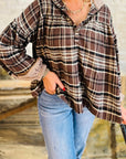 Plaid Quarter-Button Patchwork Long Sleeve Hooded Blouse