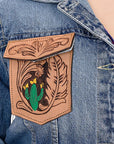 ADJKT001 Genuine leather Hand tooled hand carved Women 100% cotton Denim jacket dress ladies girl