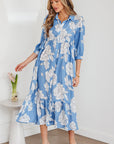 Floral Button-Front 3/4 Sleeve Ruffle Hem Dress