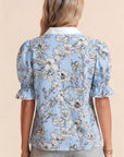 Floral Stripe Polo Collar Short Sleeve Blouse