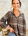 Plaid Quarter-Button Patchwork Long Sleeve Hooded Blouse